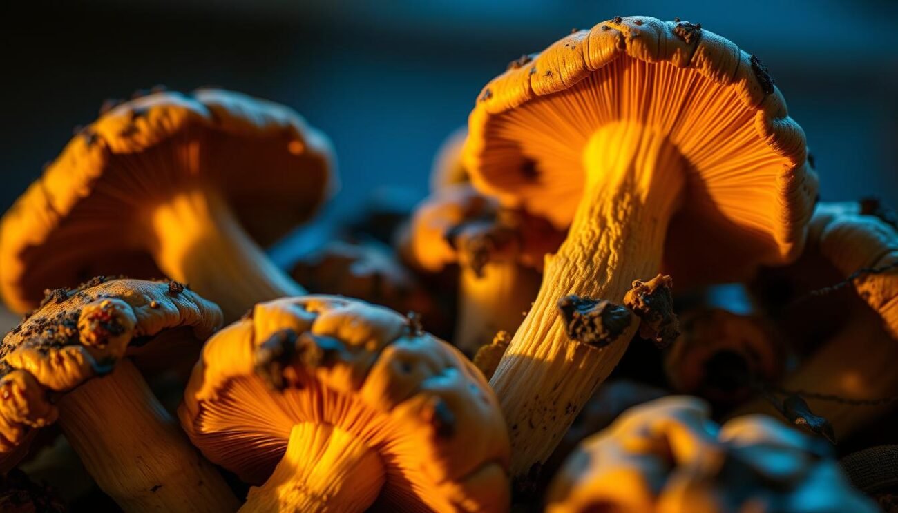 A close-up view of a selection of spoiled psychedelic mushrooms, illuminated by warm, natural lighting. The mushrooms are discolored, with brown spots and bruising on the caps and stems, indicating advanced decomposition. The texture appears shriveled and wrinkled. A soft, moody atmosphere creates a sense of caution and warns against the potential dangers of consuming these deteriorated specimens.