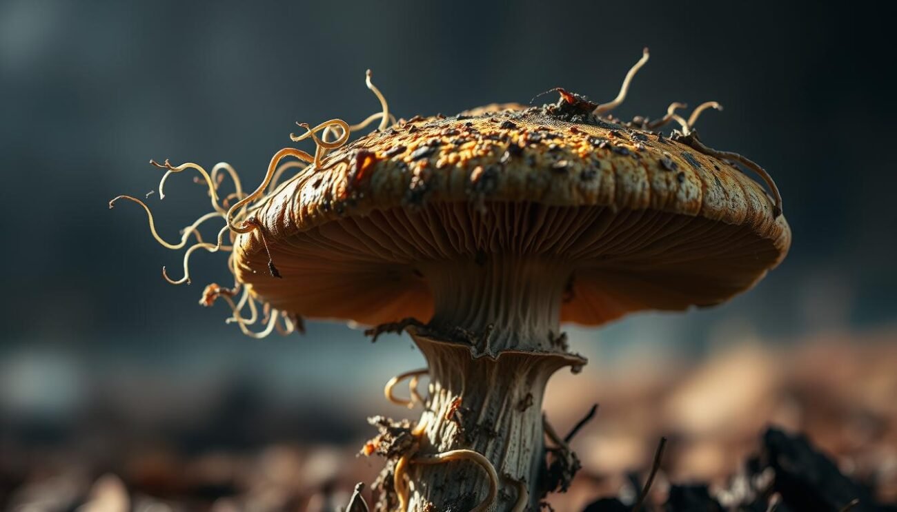 A decaying psychedelic mushroom cap, its vibrant hues fading into an earthy, mottled palette. Wispy tendrils of fungal decay cling to the cap's surface, casting eerie shadows across the gnarled stem. Soft, diffused lighting illuminates the scene from above, creating a sense of ethereal, otherworldly ambiance. The background is a blurred, dreamlike landscape, hinting at the natural environment where these mushrooms thrive. The overall composition conveys a sense of the transient nature of psychedelic experiences, the inevitable cycle of life and death, and the delicate balance of nature.