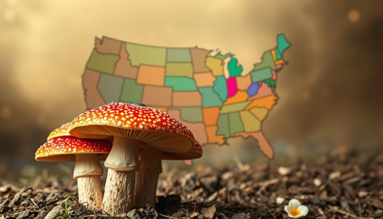 A detailed illustration of the legal status of psychedelic mushrooms in the United States, captured against a hazy, psychedelic backdrop. In the foreground, a cluster of vibrant, otherworldly mushrooms emerges from the ground, their caps adorned with intricate patterns that seem to pulsate with an otherworldly energy. In the middle ground, a map of the United States unfolds, with states colored to denote their respective legal standings on the possession and use of psilocybin-containing mushrooms. The background is a swirling, kaleidoscopic landscape of muted hues and abstract shapes, evoking the mind-altering effects of these potent fungi. The overall scene conveys a sense of the complex and evolving legal landscape surrounding these psychoactive substances in the United States.