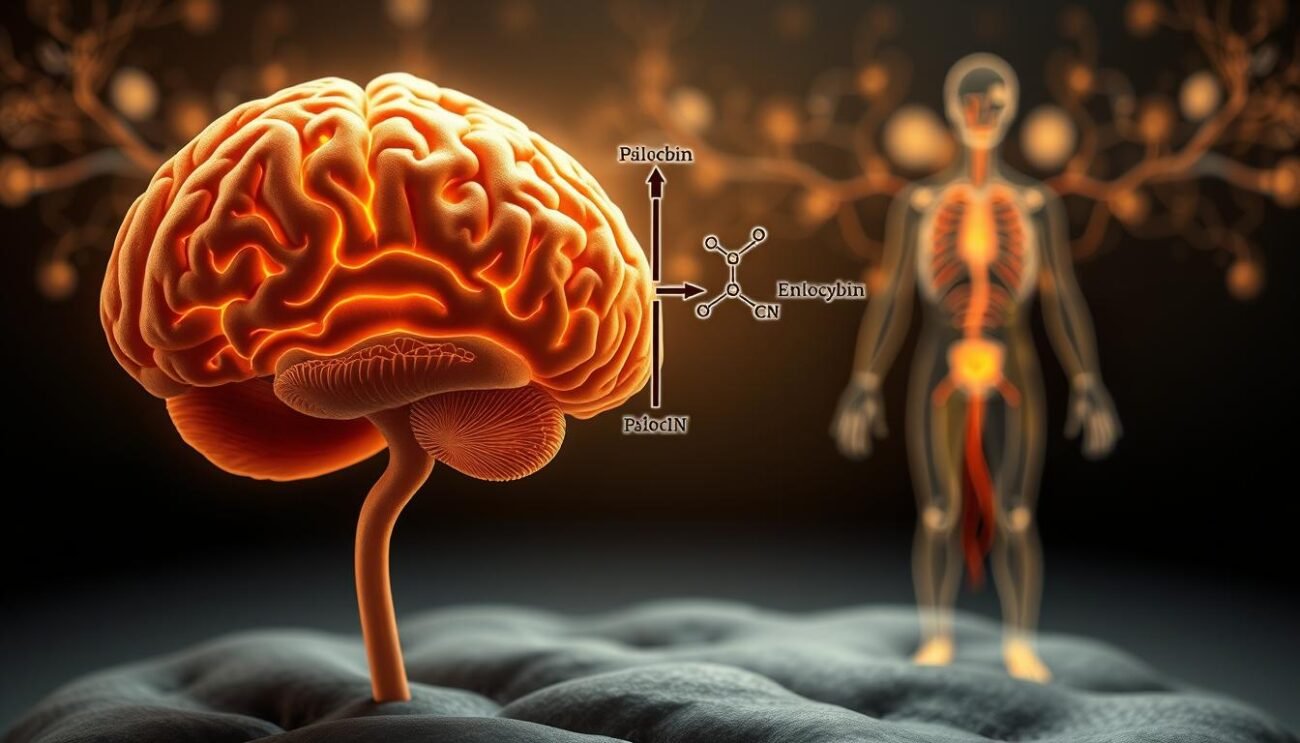 A detailed illustration of the psilocybin metabolism process. In the foreground, a cross-section of a human brain, with the intricate neural pathways illuminated. In the middle ground, a molecular diagram depicting the conversion of psilocybin into psilocin, the active compound, through enzymatic reactions. The background showcases the circulatory system, with the metabolites being transported throughout the body. Soft, diffused lighting creates a contemplative atmosphere, emphasizing the complexity and beauty of the neurochemical transformations. Rendered in a scientific, yet visually captivating style, this image aims to elucidate the inner workings of the psilocybin metabolism for the viewer.