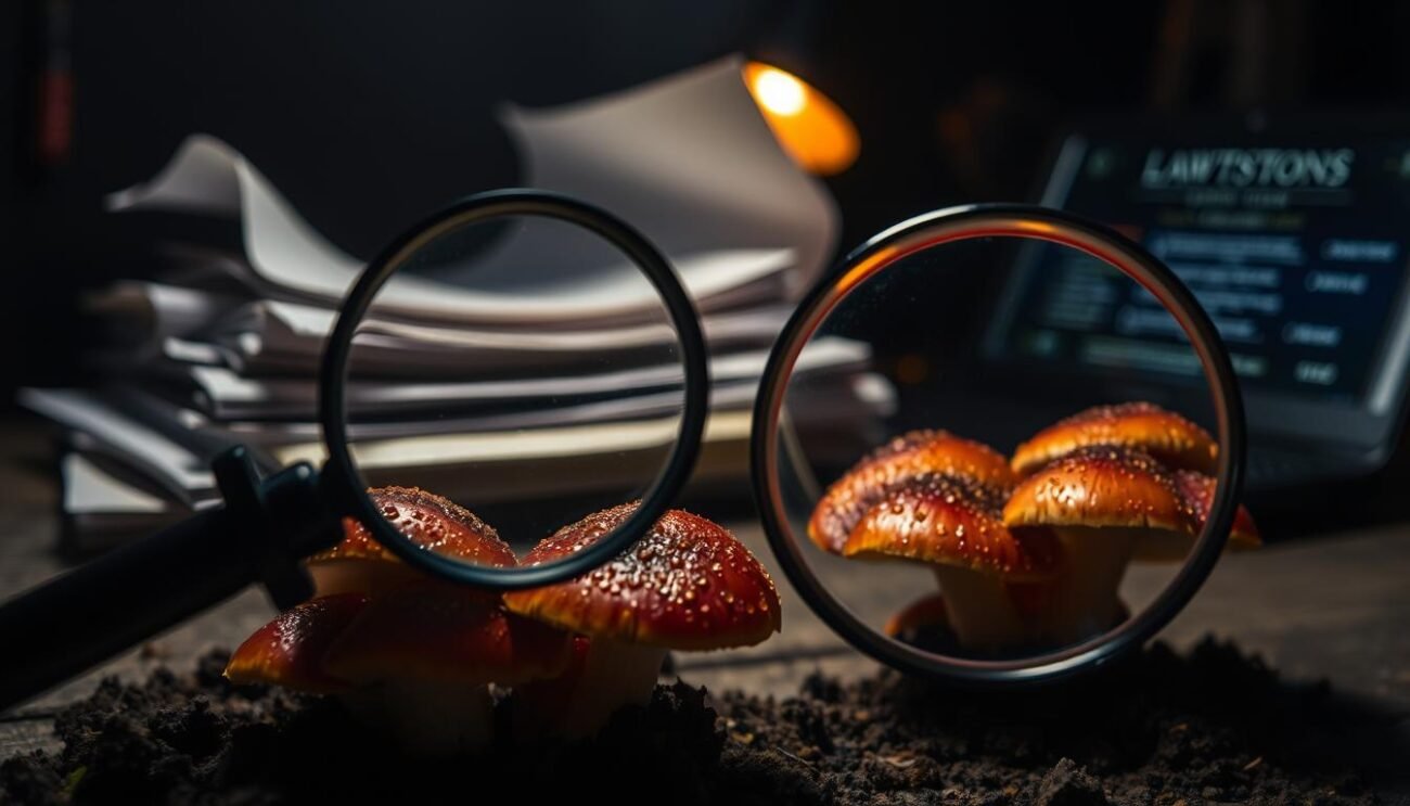 A dimly lit, atmospheric scene depicting the legal landscape of psychedelic mushroom cultivation. In the foreground, a magnifying glass hovers over a cluster of vibrant, otherworldly mushrooms, their caps glistening with dew. The middle ground features a stack of legal documents, their pages fluttering in an unseen breeze, hinting at the complex web of regulations surrounding this topic. In the background, a subtle glow emanates from a computer screen, suggesting the digital research and exploration needed to navigate this murky legal territory. The overall mood is one of intrigue, tension, and the pursuit of knowledge in the face of uncertainty.
