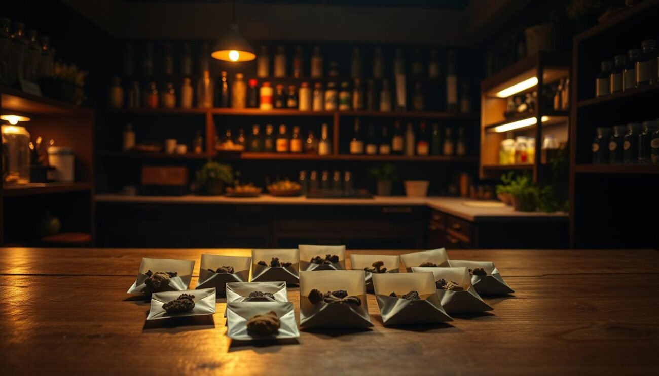 A dimly lit room, a wooden counter stands in the foreground. On the counter, a discreet collection of small paper envelopes, each containing a selection of freshly harvested psychedelic mushrooms. The lighting is warm and atmospheric, casting a soft glow across the scene. In the background, shelves line the walls, filled with jars and bottles of various herbs and botanicals. The air has a subtle, earthy aroma, hinting at the transformative potential of the mushrooms on display. The overall mood is one of quiet contemplation, inviting the viewer to consider the responsible and mindful exploration of these natural psychedelics.