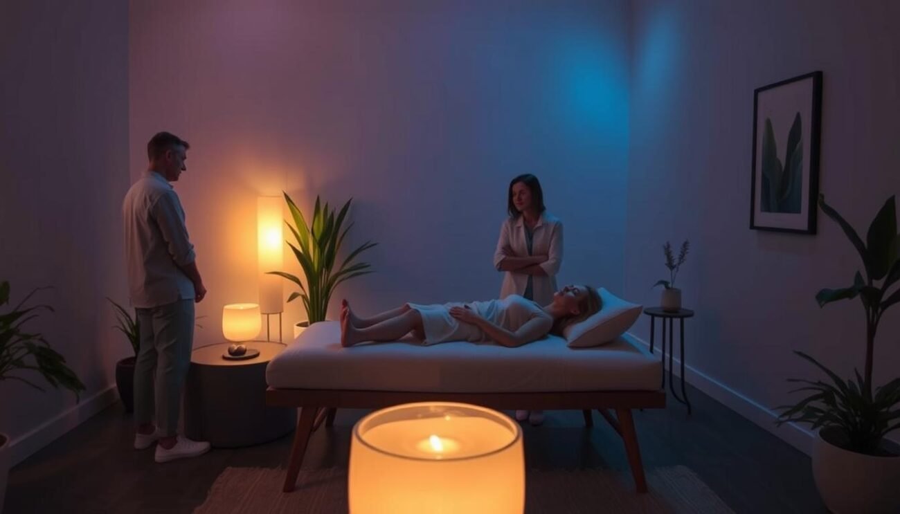 A dimly lit therapy room, soft ambient lighting casting a warm glow. In the center, a patient reclines on a comfortable chaise, eyes closed, a serene expression on their face. The therapist stands nearby, observing with a caring, thoughtful demeanor. The room is adorned with minimalist decor - a few plants, a soothing water feature, and calming artwork on the walls. The overall atmosphere is one of tranquility and healing, inviting the viewer to experience the therapeutic potential of ketamine.