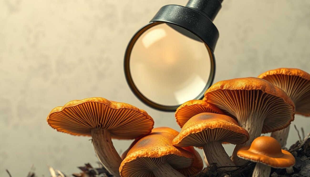 A meticulously detailed illustration showcasing the complex legal status of psychedelic mushrooms. In the foreground, a magnified view of vibrant, earthy mushrooms, their caps unfurling with subtle shades of brown and ochre. In the middle ground, a magnifying glass hovers, casting a warm, focused light on the specimens, emphasizing their intricate structures. The background features a muted, textured backdrop, suggesting the ambiguous and ever-evolving legal landscape surrounding these enigmatic fungi. Soft, natural lighting illuminates the scene, imbuing it with a sense of scientific inquiry and contemplation. The overall composition conveys a thoughtful exploration of the complex, nuanced relationship between the law and the potential of psychedelic mushrooms.