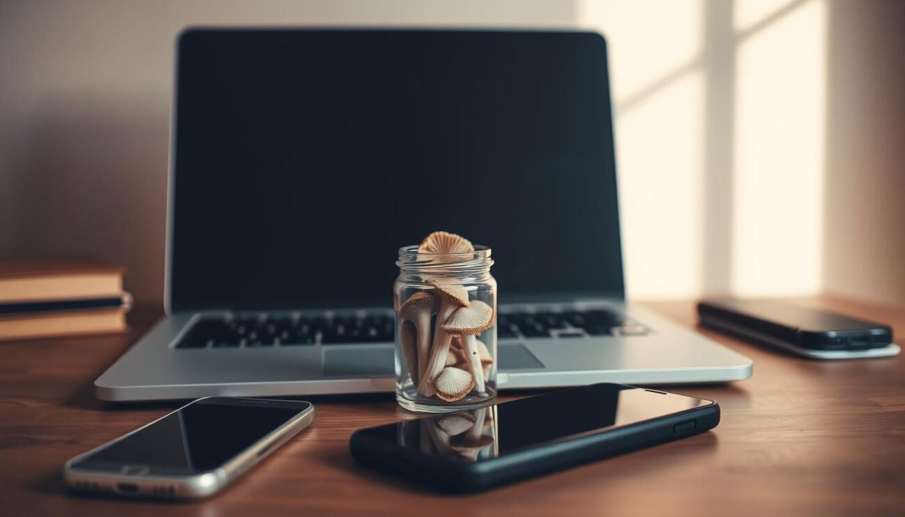 A neatly organized workspace with a laptop, a smartphone, and a small glass jar filled with dried psilocybin mushrooms, set against a neutral, warm-toned background. The lighting is soft and natural, creating a serene, contemplative atmosphere. The camera angle is slightly elevated, giving a sense of thoughtfulness and introspection. The overall composition conveys a sense of safety, care, and consideration when exploring the purchase of psychedelic mushrooms online.