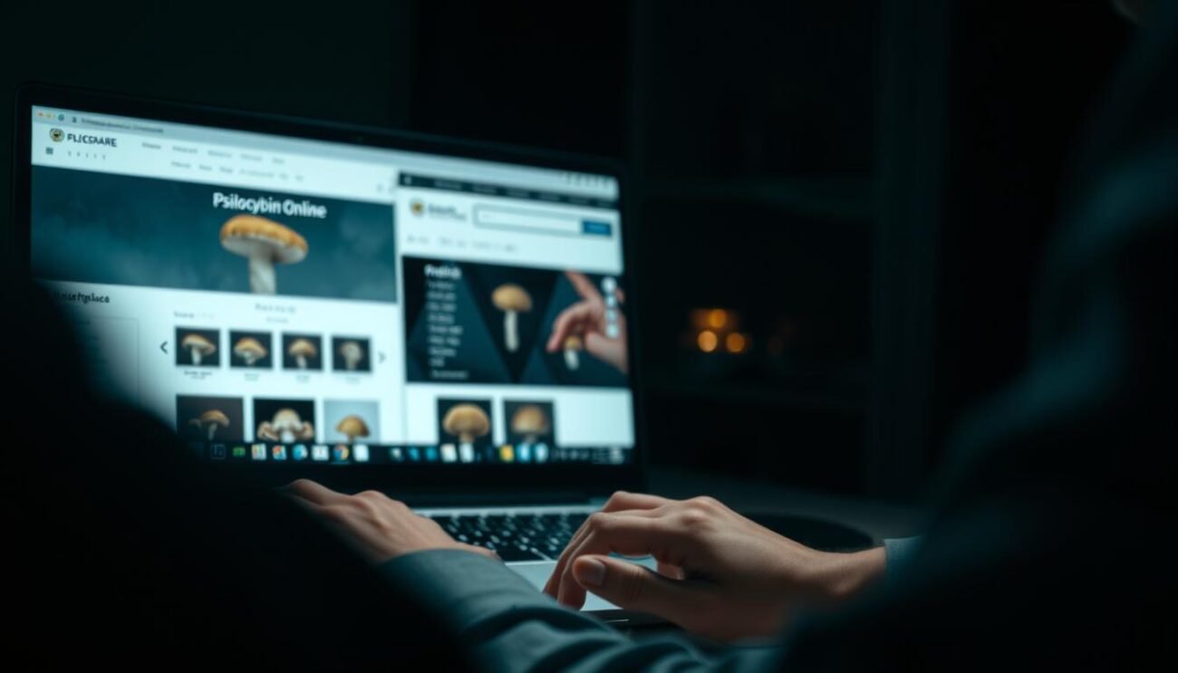 A person sitting at a desk, intently focused on their laptop screen, browsing an online marketplace that specializes in the sale of psilocybin mushrooms. The foreground shows the person's hands typing on the keyboard, while the middle ground displays the computer monitor displaying a sleek, minimalist e-commerce interface. The background is dimly lit, creating a sense of secrecy and discretion, with subtle ambient lighting illuminating the scene. The overall atmosphere conveys a sense of careful consideration and cautious exploration of the online purchase of these psychoactive substances.