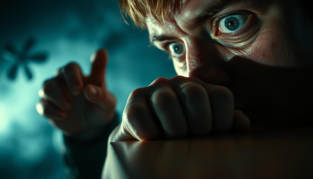 A realistic close-up of a person's face, their eyes dilated and glassy, skin flushed and clammy, with an expression of unease and disorientation. In the middle ground, a hand gripping the edge of a table, knuckles white, as the figure struggles to maintain composure. The background is blurred and hazy, suggesting the distorted perception and sensory overload of psychedelic mushroom intoxication. Dramatic chiaroscuro lighting casts deep shadows, heightening the sense of unease and distress. The overall mood is unsettling, reflecting the dangers and risks of an overdose.