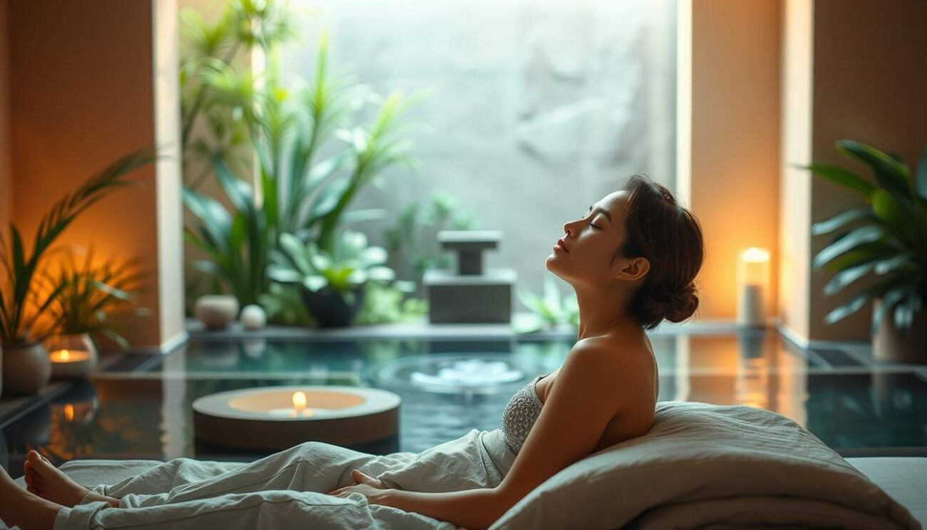 A serene scene of a person undergoing ketamine therapy, surrounded by calming natural elements. The foreground depicts a person sitting comfortably, eyes closed, experiencing the therapeutic effects of the treatment. In the middle ground, lush greenery and soothing water features create a tranquil, spa-like atmosphere. The background is softly lit, with warm, muted tones that evoke a sense of relaxation and introspection. The overall composition conveys the benefits of ketamine therapy, such as improved mental well-being, reduced depression, and enhanced self-awareness, through the peaceful, contemplative mood of the image.