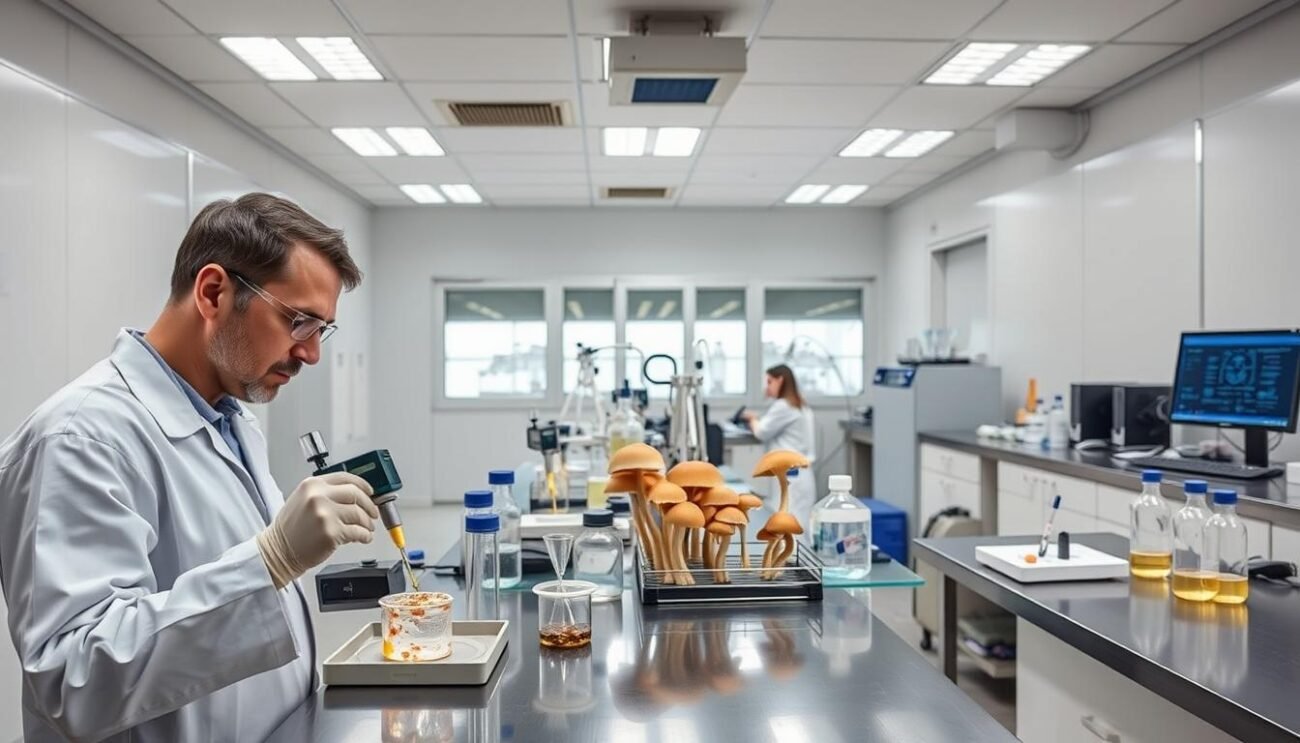 A sterile laboratory with white walls and steel countertops. In the foreground, a technician in a white lab coat carefully measures a sample of psilocybin mushrooms, using precise scientific instruments. The middle ground shows various test tubes, beakers, and other analytical equipment, all illuminated by the soft glow of overhead LED lighting. In the background, a computer screen displays data and results, hinting at the rigorous testing procedures involved. The scene conveys a sense of scientific precision and meticulousness, appropriate for the study of this complex psychoactive compound.
