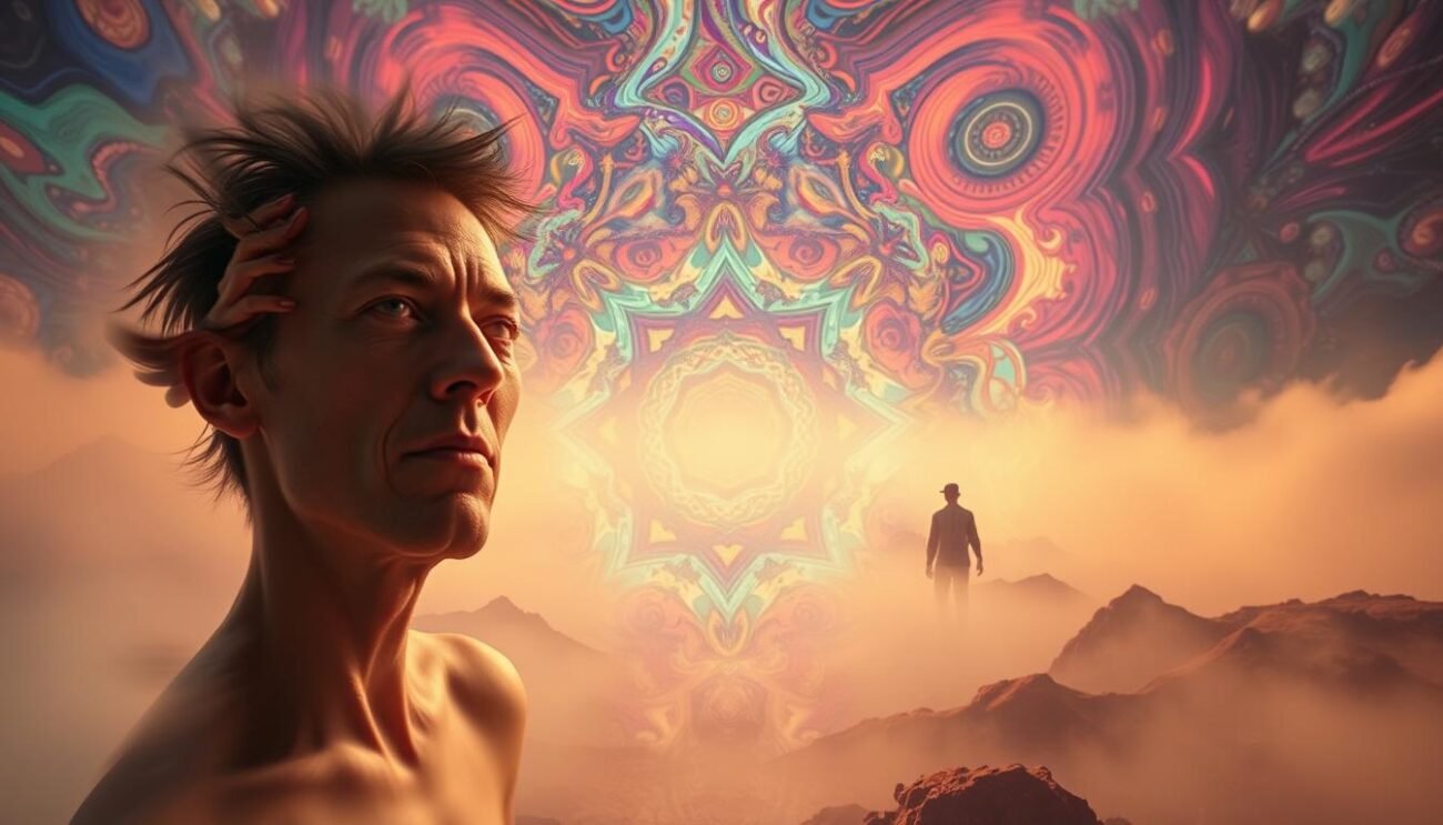 A surreal, psychedelic landscape depicting the hallucinogenic potential of ketamine. In the foreground, a distorted, dreamlike figure emerges, its features shifting and melting, conveying a sense of disorientation and altered perception. The middle ground features a kaleidoscopic array of vibrant, swirling colors and shapes, creating a sense of visual chaos and the dissolution of reality. The background is shrouded in an ethereal, fog-like mist, adding to the sense of mystery and the unknown. Soft, warm lighting illuminates the scene, creating a sense of otherworldliness and the transcendental nature of the experience. The overall atmosphere is one of a mind-altering, consciousness-expanding journey, reflecting the powerful and potentially transformative effects of ketamine.