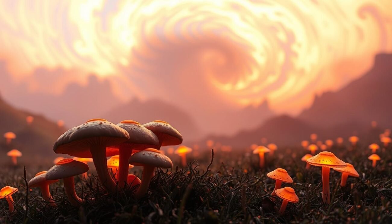 A surreal, psychedelic mushroom field bathed in warm, ethereal lighting. In the foreground, a cluster of vibrant, otherworldly mushrooms with glowing caps and tendrils. The middle ground features a hazy, dreamlike landscape with distorted, fractal-like patterns. In the background, a swirling, kaleidoscopic sky with shifting colors and abstract shapes, creating a sense of altered perception and altered consciousness. The overall atmosphere is one of introspection, wonder, and the potential of psychedelic experiences to reveal new perspectives on the nature of reality.