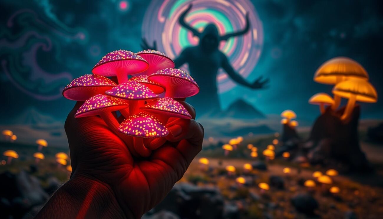 A surreal, psychedelic scene depicting the addictive nature of magic mushrooms. In the foreground, a close-up of a human hand grasping a cluster of vibrant, bioluminescent mushrooms, the caps exuding a mesmerizing glow. The fingers are intertwined, suggesting an almost possessive, compulsive hold. The middle ground features a dreamlike landscape, with swirling, kaleidoscopic patterns of colors and shapes, hinting at the mind-altering effects of the fungi. In the background, a shadowy, ominous presence looms, symbolizing the potential for addiction and the dark consequences that may follow. Dramatic chiaroscuro lighting casts deep shadows, creating a sense of unease and foreboding. The overall mood is one of fascination, temptation, and the fragile balance between exploration and dependency.