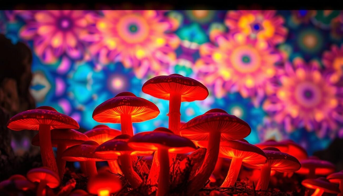 A vibrant arrangement of psychedelic mushrooms, their caps bursting with vivid hues of red, orange, and purple, against a surreal, kaleidoscopic background. The mushrooms appear to glow, bathed in warm, ethereal lighting that casts intricate shadows and highlights their intricate, undulating textures. The scene is captured from a low angle, giving the mushrooms a sense of grandeur and importance, as if they are the centerpiece of a mystical, otherworldly tableau. The overall atmosphere is one of wonder, enchantment, and the infinite possibilities of the natural world.
