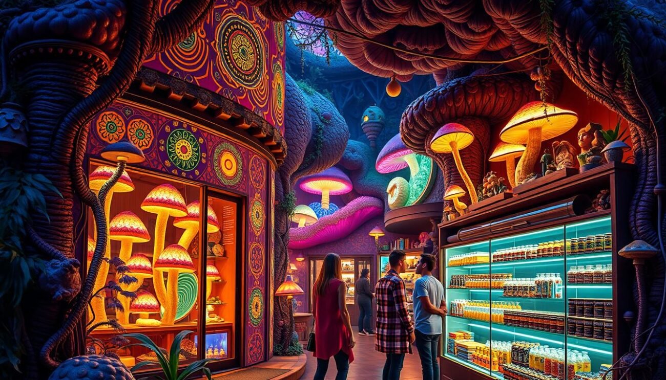 A vibrant, psychedelic dispensary nestled in a lush, dreamlike landscape. The storefront's facade is adorned with intricate, kaleidoscopic patterns, glowing with warm, otherworldly lighting. Towering mushroom sculptures and swirling, neon-tinged displays fill the windows, hinting at the transformative experiences within. The interior is bathed in a soft, ethereal glow, shelves stocked with an array of carefully curated mushroom products. Customers browse the selection, their expressions contemplative and serene, as if on the cusp of a profound, mind-expanding journey. The scene is infused with a sense of mysticism and wonder, inviting the viewer to step into an alternate realm of perception.