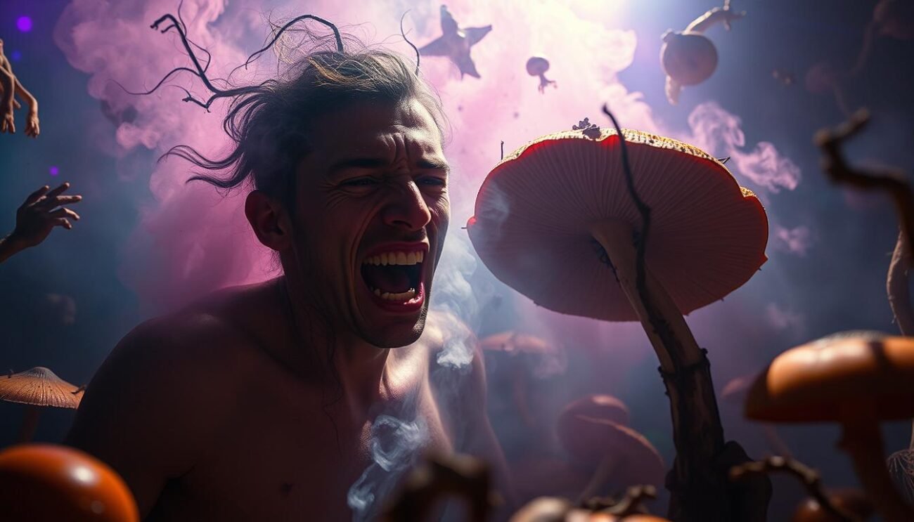 A vibrant, unsettling scene depicting the harrowing effects of consuming spoiled psychedelic mushrooms. In the foreground, a figure writhes in distortion, their features melting and morphing as they are consumed by a nightmarish hallucination. Around them, a hazy, disorienting environment pulses with unnatural colors and warped, organic forms, creating a sense of disquieting dislocation. The lighting is harsh and dramatic, casting deep shadows that heighten the sense of unease. The composition is off-kilter, reflecting the subject's fragmented perceptions. This disturbing image serves as a cautionary tale, underscoring the importance of sourcing fresh, high-quality mushrooms.