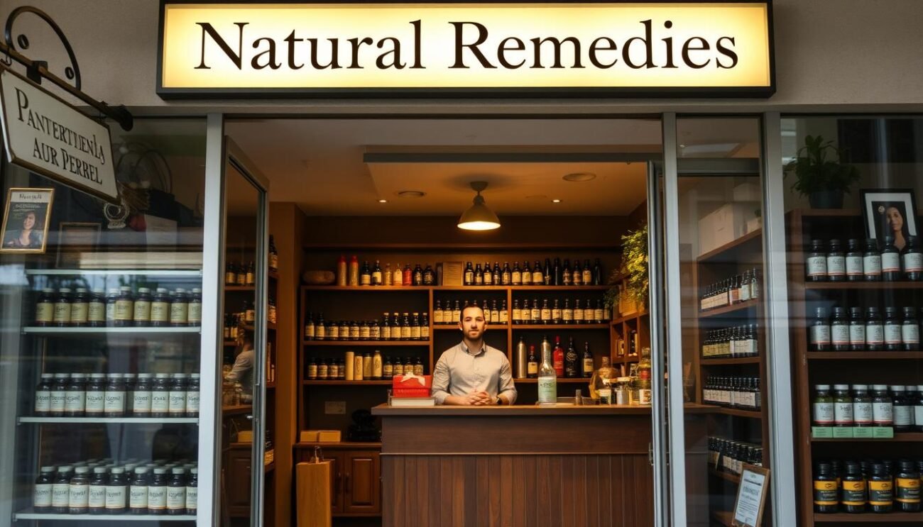 A well-lit, authentic-looking storefront with a discreet sign indicating "Natural Remedies" or similar. The interior is tastefully appointed, with shelves displaying various herbal supplements and tinctures. A knowledgeable, friendly staff member stands behind a wooden counter, ready to assist customers. The overall atmosphere conveys a sense of professionalism, safety, and attention to detail, suitable for first-time buyers seeking a reliable source for high-quality psychedelic mushrooms.