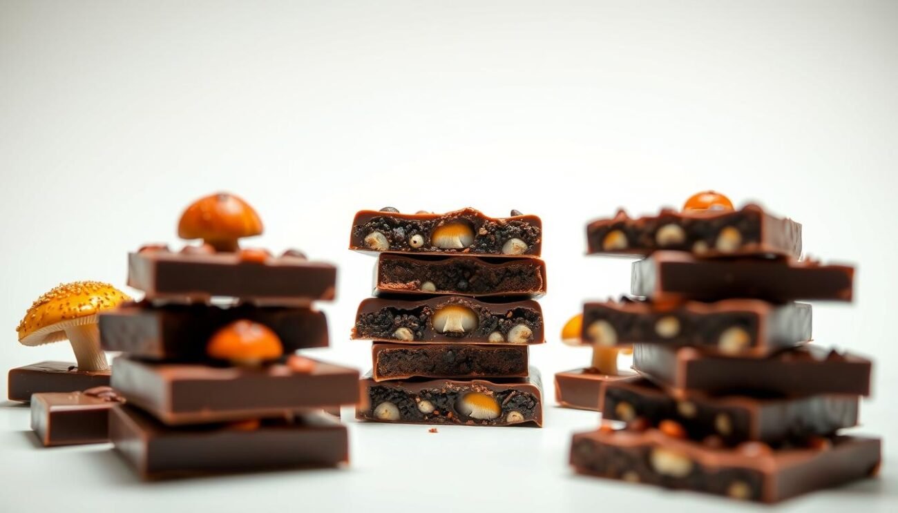 A well-lit, high-quality photograph of artfully arranged psychedelic mushroom chocolate bars, presented against a clean, uncluttered white backdrop. The bars are neatly stacked, showcasing their tempting chocolate coating and vibrant mushroom caps peeking through. Soft, diffused lighting from above creates a warm, inviting atmosphere, highlighting the rich colors and textures of the products. The composition is balanced, with the chocolate bars occupying the center of the frame, leaving ample negative space around them to draw the viewer's eye. The overall mood is one of quality, care, and attention to detail, reflecting the professionalism and reliability of the online ordering and delivery process.