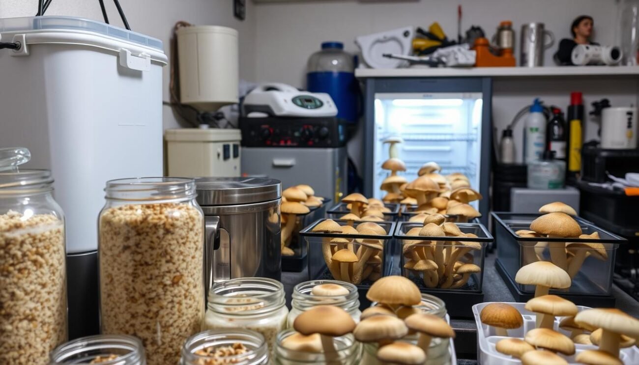A well-lit indoor mushroom cultivation setup, showcasing a variety of mushroom growing substrates, equipment, and supplies. The foreground features glass jars filled with mycelium-inoculated substrate, a pressure cooker, and a clean air flow box. The middle ground displays a series of fruiting chambers with diverse mushroom species, each at different stages of growth. The background subtly highlights essential items like a temperature-controlled incubator, a dehydrator, and other essential tools. The overall scene conveys a sense of order, cleanliness, and a dedicated, scientific approach to home mushroom cultivation.