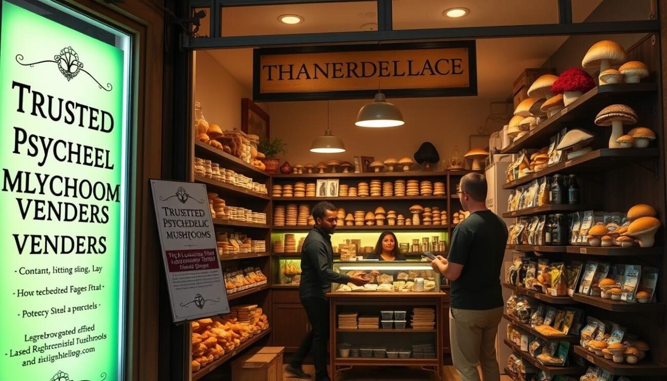 A well-lit, inviting storefront with a tasteful sign that reads "Trusted Psychedelic Mushroom Vendors". Inside, a knowledgeable and friendly staff assist customers with their selections, explaining the effects and benefits of different strains. The shelves are stocked with a diverse array of high-quality, laboratory-tested mushrooms, each labeled with clear information about potency and origin. The atmosphere is warm and welcoming, conveying a sense of trust and professionalism. A soft, natural light filters in through large windows, creating a calming ambiance. The overall scene exudes a feeling of safety, reliability, and a commitment to providing customers with a positive, responsible psychedelic experience.