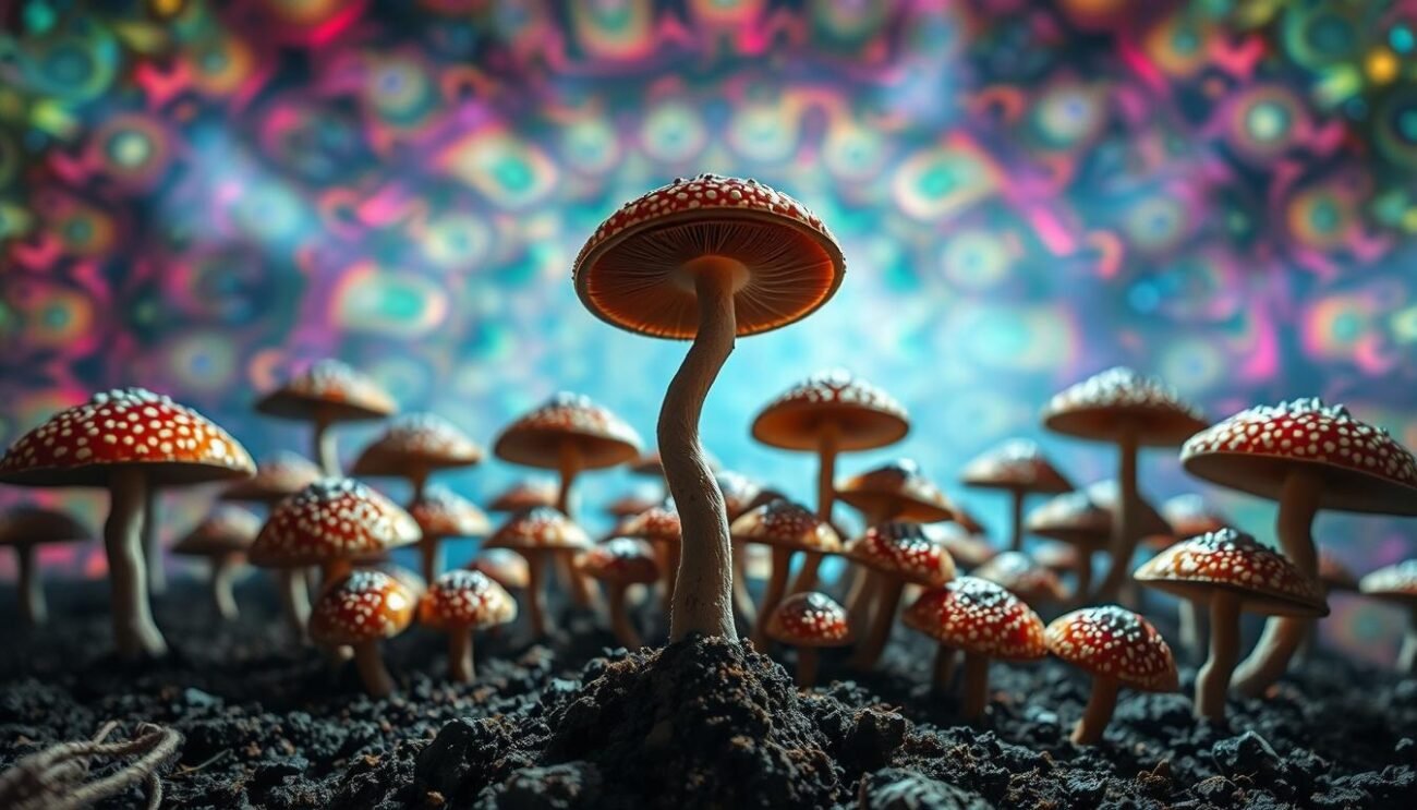 An intricate mandala of psychedelic mushrooms, their caps bursting with vibrant hues and intricate patterns, surrounded by a swirling vortex of cosmic energy. In the foreground, a single mushroom stands as the focal point, its stem twisting and turning, casting a mesmerizing shadow on the ground below. The middle ground is filled with a cluster of mushrooms, their stalks intertwined, creating a sense of interconnectedness and dependence. The background is a kaleidoscope of colors, with a hazy, ethereal quality that suggests the altered state of consciousness associated with these fungi. The lighting is soft and diffused, creating a dreamlike atmosphere, and the overall composition is balanced, with a sense of depth and movement that draws the viewer in.