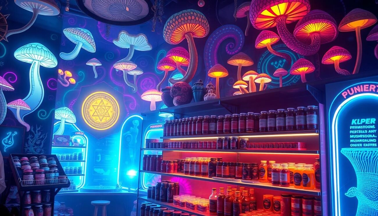 Vibrant and psychedelic online store for premium quality psychedelic mushrooms. Neon-lit storefront with trippy mushroom motifs, swirling patterns, and pulsing lights. Shelves stocked with various mushroom products, jars, and packaging in the foreground. Mystic atmosphere with hazy, ethereal lighting and a dreamy, otherworldly ambiance. Futuristic and immersive digital interface in the background, allowing seamless online ordering and discreet shipping. Convey the allure and accessibility of this unique psychedelic shopping experience.